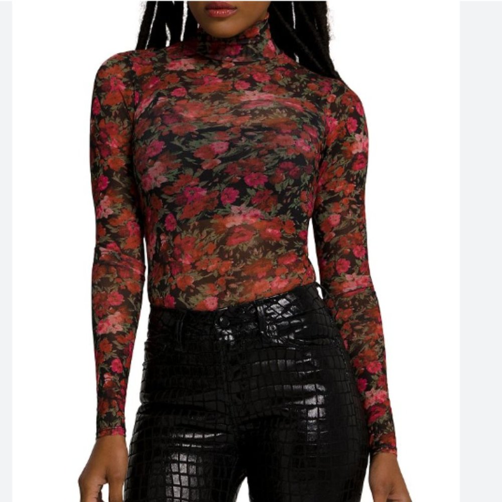 Good American Floral Mesh Bodysuit in Black and Red